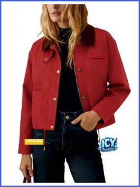 Womens Cropped Casual Jacket Contrast Corduroy Collar Button Zip Varsity